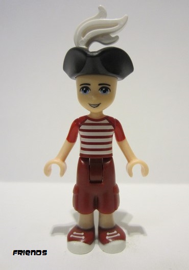 lego 2019 mini figurine frnd336 Zack Dark Red Cropped Trousers Large Pockets, Red and White Striped Shirt, Pirate Tricorne Hat, White Plume 