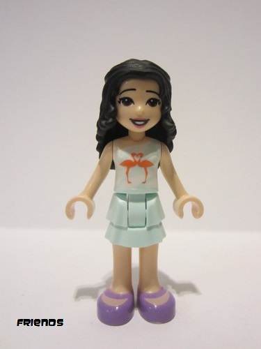 lego 2020 mini figurine frnd360 Emma Light Aqua Layered Skirt, White and Light Aqua Top with Coral Flamingo Birds 