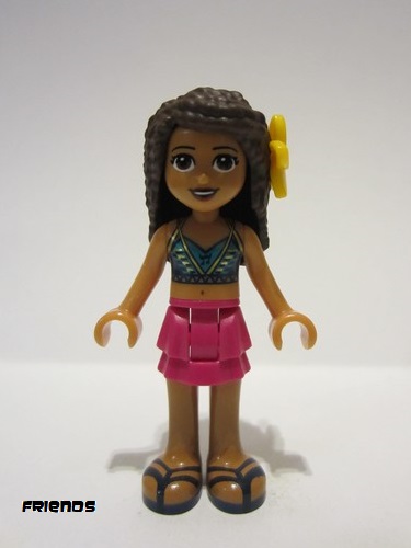 lego 2020 mini figurine frnd365 Andrea Magenta Layered Skirt, Dark Blue Halter Top with Gold Trim, Flower 