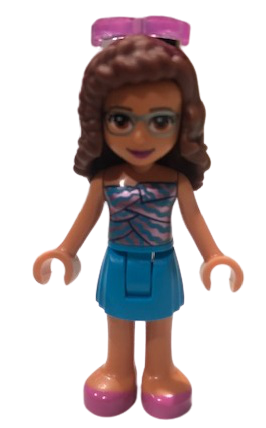 lego 2020 mini figurine frnd380 Olivia Dark Azure Skirt, Dark Azure and Bright Pink Top, Dark Pink Shoes, Sunglasses 