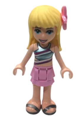 lego 2020 mini figurine frnd381 Stephanie Bright Pink Layered Skirt, Metallic Light Blue Wrap Top, Pearl Dark Gray Sandals, Flower 