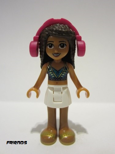 lego 2020 mini figurine frnd383 Andrea White Skirt, Dark Blue Halter Top with Gold Trim, Headphones 