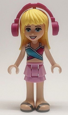 lego 2020 mini figurine frnd398 Stephanie Bright Pink Layered Skirt, Magenta and Medium Blue Swimsuit Top, Headphones 