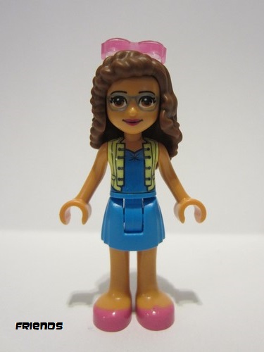 lego 2020 mini figurine frnd404 Olivia Dark Azure Skirt and Top with Bright Light Yellow Vest, Dark Pink Shoes, Sunglasses 