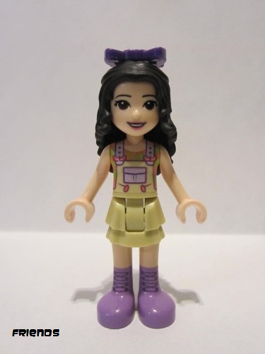 lego 2020 mini figurine frnd406 Emma Tan Dress with Straps, Medium Lavender Boots, Dark Purple Bow 