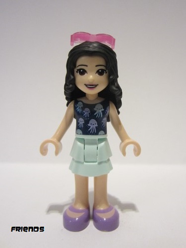 lego 2020 mini figurine frnd407 Emma Light Aqua Layered Skirt, Dark Blue Top with Jellyfish, Trans-Dark Pink Sunglasses 