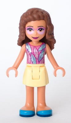 lego 2021 mini figurine frnd439 Olivia Bright Light Yellow skirt, Dark Pink Top with Feathers, Pink Tinted Glasses 