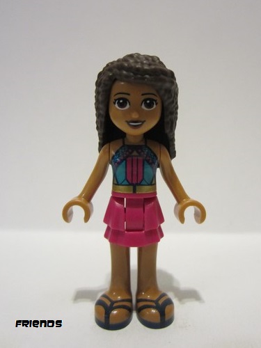 lego 2021 mini figurine frnd444 Andrea Dark Turquoise Halter Top with Magenta Stripes and Dots, Magenta Skirt 