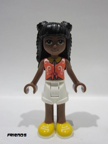 lego 2022 mini figurine frnd0515 Priyanka Coral Knotted Blouse with White Swirls, White Shorts, Yellow Shoes 