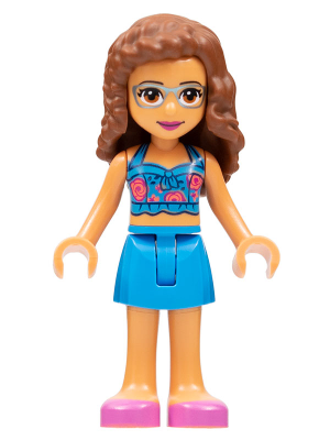 lego 2022 mini figurine frnd0556 Olivia Dark Azure Skirt and Top with Magenta and Coral Roses, Dark Pink Shoes 