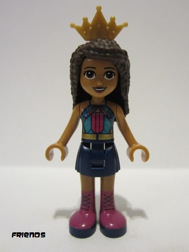 lego 2022 mini figurine frnd0564 Andrea Dark Turquoise Halter Top with Magenta Stripes and Dots, Dark Blue Skirt with Magenta Boots, Pearl Gold Crown Tiara 