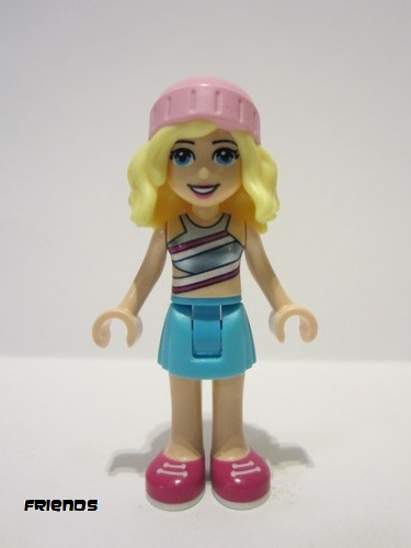 lego 2022 mini figurine frnd506 Stephanie Metallic Light Blue Swimsuit Top, Medium Azure Skirt, Bright Pink Hat 