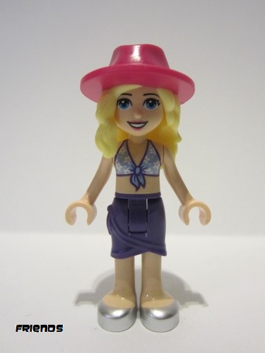 lego 2022 mini figurine frnd511 Stephanie Medium Blue Swimsuit Top, Dark Purple Skirt, Silver Shoes, Magenta Hat 