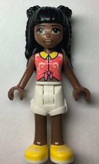 lego 2022 mini figurine frnd515 Priyanka Coral Knotted Blouse with White Swirls, White Shorts, Yellow Shoes 