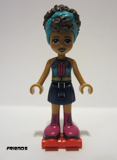 lego 2022 mini figurine frnd530 Andrea Dark Turquoise Halter Top, Dark Blue Skirt with Magenta Boots, Dark Turquoise Head Wrap, Red Roller Skates 