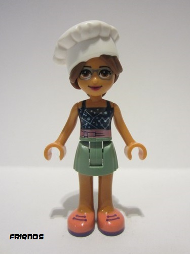 lego 2022 mini figurine frnd539 Olivia Sand Green Skirt, Dark Blue Top with Metallic Pink Belt, White Chef Toque with Hair 
