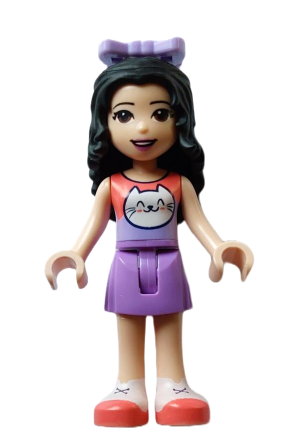 lego 2022 mini figurine frnd565 Emma Coral and Lavender Top with Cat Head, Medium Lavender Skirt, White Shoes with Coral Soles, Lavender Bow 