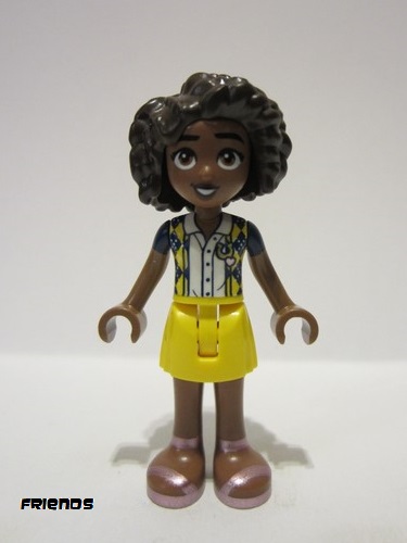 lego 2023 mini figurine frnd0609 Aliya Dark Blue Vest with Diamonds over White Blouse, Yellow Skirt, Metallic Pink Sandals 