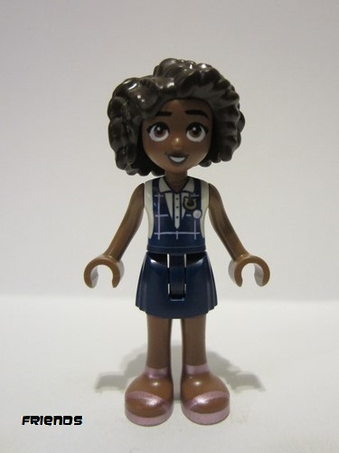 lego 2023 mini figurine frnd0612 Aliya Dark Blue Gym Slip Top over White Blouse, Dark Blue Skirt, Metallic Pink Sandals 