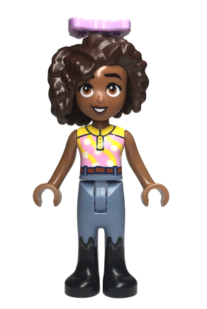 lego 2023 mini figurine frnd0621 Aliya Yellow and Bright Pink Top, Sand Blue Trousers, Black Boots, Lavender Bow 