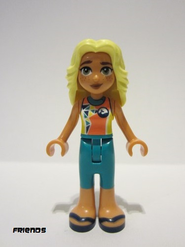 lego 2023 mini figurine frnd0647 Dia Coral and Yellow Wetsuit with Dolphin / Whale Logo and Triangles, Dark Turquoise Trousers, Dark Blue Sandals 