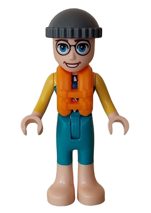 lego 2023 mini figurine frnd0649 Gunnar Dark Turquoise and Yellow Wetsuit Long Sleeves, Dark Bluish Gray Knitted Cap, Orange Life Jacket, Bare Feet 