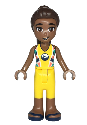lego 2023 mini figurine frnd0655 Kayla Yellow Sleeveless Wetsuit, Yellow Trousers Cropped Large Pockets, Medium Brown Legs, Dark Blue Sandals 