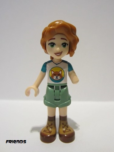 lego 2023 mini figurine frnd584 Autumn Dark Turquoise and White Top with Fox, Sand Green Shorts, Dark Tan and Dark Brown Boots 