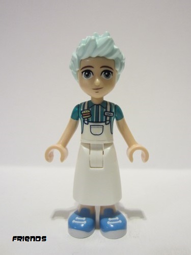 lego 2023 mini figurine frnd613 Charli White Apron Top over Dark Turquoise Shirt, White Skirt Long, Medium Blue Shoes 