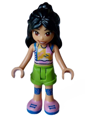lego 2023 mini figurine frnd614 Liann Bright Pink, Yellow, Blue, and White Tank Top, Lime Shorts, Blue Kneepads, Bright Pink Shoes 