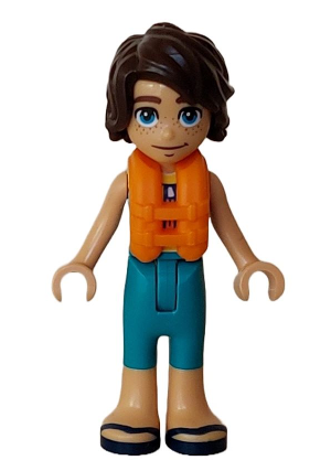 lego 2023 mini figurine frnd650 Marco Dark Turquoise and Yellow Sleeveless Wetsuit, Orange Life Jacket, Dark Blue Sandals 