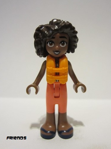 lego 2023 mini figurine frnd651 Aliya Coral and Yellow Sleeveless Wetsuit, Dark Turquoise Belt, Orange Life Jacket, Dark Blue Sandals 