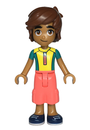 lego 2023 mini figurine frnd654 Leo Dark Turquoise and Yellow Wetsuit, Coral Trousers Cropped Large Pockets, Medium Nougat Legs, Dark Blue Shoes 