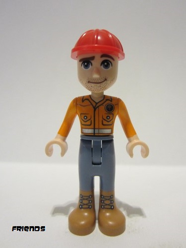 lego 2023 mini figurine frnd657 Darrel Orange Safety Shirt, Sand Blue Legs, Medium Nougat Boots, Red Construction Helmet 