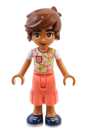 lego 2024 mini figurine frnd0712 Leo White Shirt with Coral Flowers, Coral Trousers Cropped Large Pockets, Dark Blue Shoes 