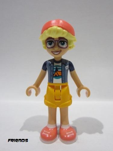 lego 2024 mini figurine frnd0757 Olly Sand Blue Jacket over White T-Shirt with Tent, Bright Light Orange Shorts, Coral Shoes and Hat 