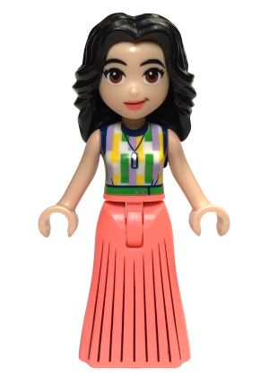 lego 2024 mini figurine frnd683 Emma Adult, Pleated Coral Skirt, Dark Blue, Medium Lavender, Yellow, Green, and White Top 