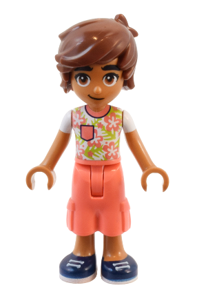 lego 2024 mini figurine frnd712 Leo White Shirt with Coral Flowers, Coral Trousers Cropped Large Pockets, Dark Blue Shoes 