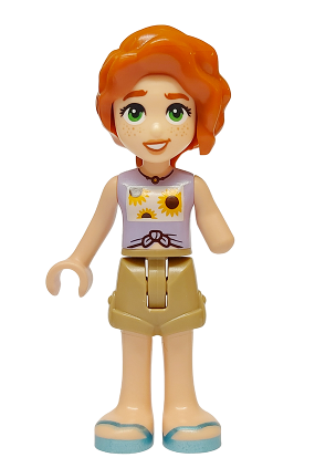 lego 2024 mini figurine frnd721 Autumn Lavender Vest with Sunflowers, Dark Tan Shorts, Metallic Light Blue Sandals 