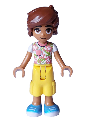 lego 2024 mini figurine frnd731 Leo White Shirt with Coral Flowers, Yellow Trousers Cropped Large Pockets, Medium Azure Shoes 