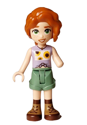 lego 2024 mini figurine frnd733 Autumn Lavender Vest with Sunflowers, Sand Green Shorts, Nougat and Reddish Brown Boots 