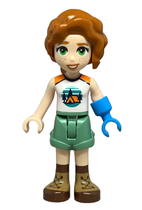 lego 2024 mini figurine frnd737 Autumn White and Orange Sleeveless Top with Tent, Sand Green Shorts, Nougat and Reddish Brown Boots, Prosthetic Hand 