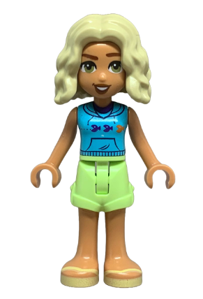 lego 2024 mini figurine frnd739 Nova Medium Azure Sleeveless Hoodie, Yellowish Green Shorts, Bright Light Yellow Sandals 