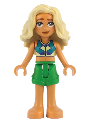 lego 2025 mini figurine frnd830 Sage Dark Turquoise, Yellowish Green and Dark Purple Sleeveless Top, Bright Green Shorts, Bare Feet 