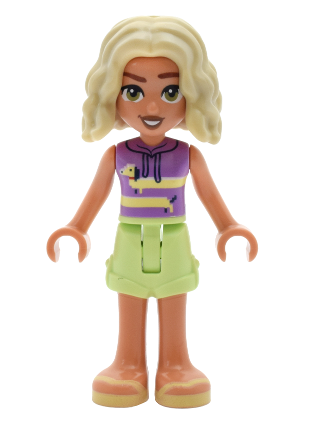 lego 2025 mini figurine frnd832 Nova Medium Lavender Sleeveless Hoodie with Dachshund, Yellowish Green Shorts, Bright Light Yellow Sandals 