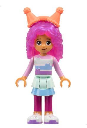 lego 2024 mini figurine gdh008 Gabby Striped Shirt, Layered Skirt over Magenta Leggings, Satin Trans-Dark Pink Hair, Coral Party Hats 