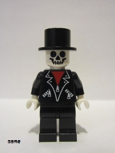 lego 1997 mini figurine game001 Citizen Leather Jacket with Zippers - Black Legs, Skeleton Head, Black Top Hat, White Hands 