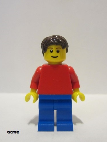 lego 2009 mini figurine game008 Citizen Plain Red Torso with Red Arms, Blue Legs, Dark Brown Short Tousled Hair 