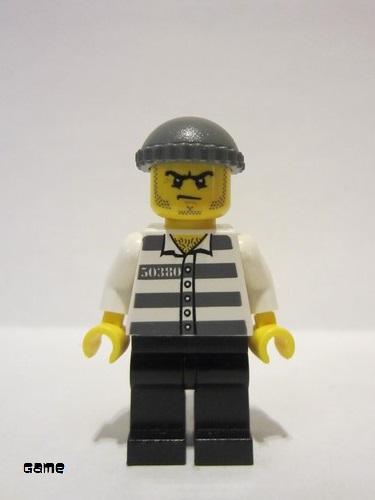 lego 2016 mini figurine game009 Police - Jail Prisoner 50380 Prison Stripes, Black Legs, Dark Bluish Gray Knit Cap, Beard Stubble and Scowl 