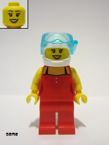 lego 2016 mini figurine game010 Citizen Red Female Top with 2 White Buttons and Black Straps, Red Legs, White Helmet, Scuba Mask, Peach Lips, Open Mouth Smile 